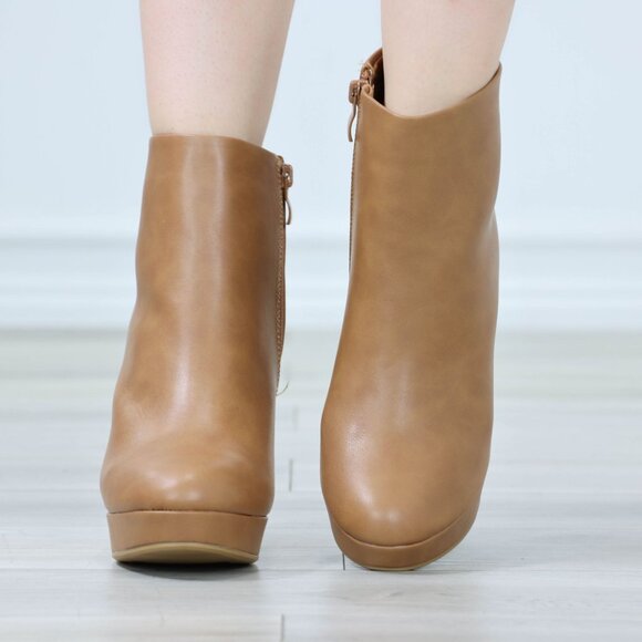 Womens Platform High Heeled Bootie Zip Up Tan Ankle Boots Block Heel - Picture 8 of 12